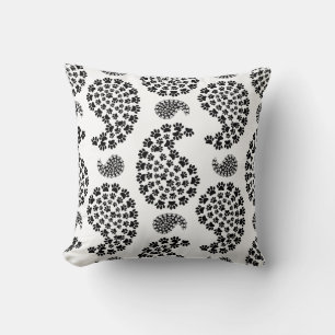 Black And White Dog Paw Print Paisley Pattern Cushion