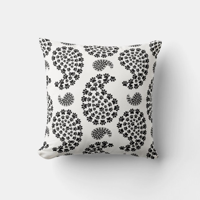 Black And White Dog Paw Print Paisley Pattern Cushion (Front)