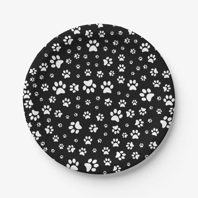 Black and White Dog Paw Print Paper Plate (Front)