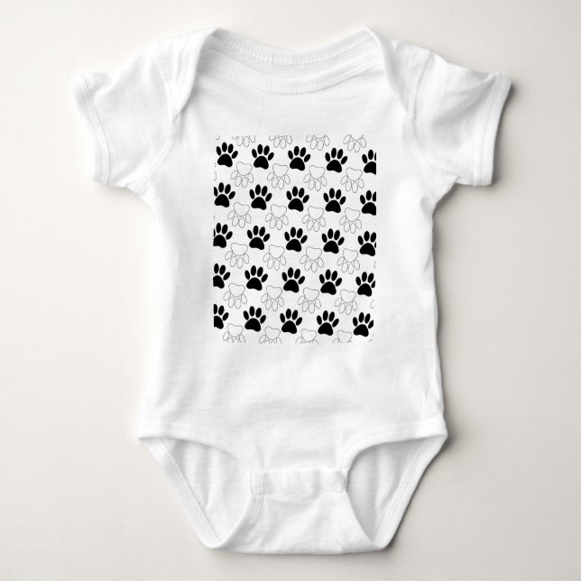 Black And White Dog Paw Print Pattern Baby Bodysuit (Front)
