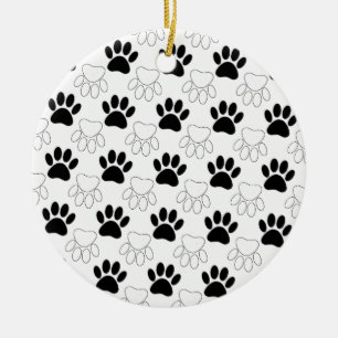 Black And White Dog Paw Print Pattern Ceramic Tree Decoration