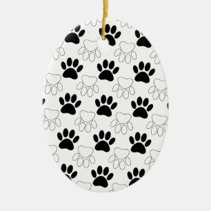 Black And White Dog Paw Print Pattern Ceramic Tree Decoration