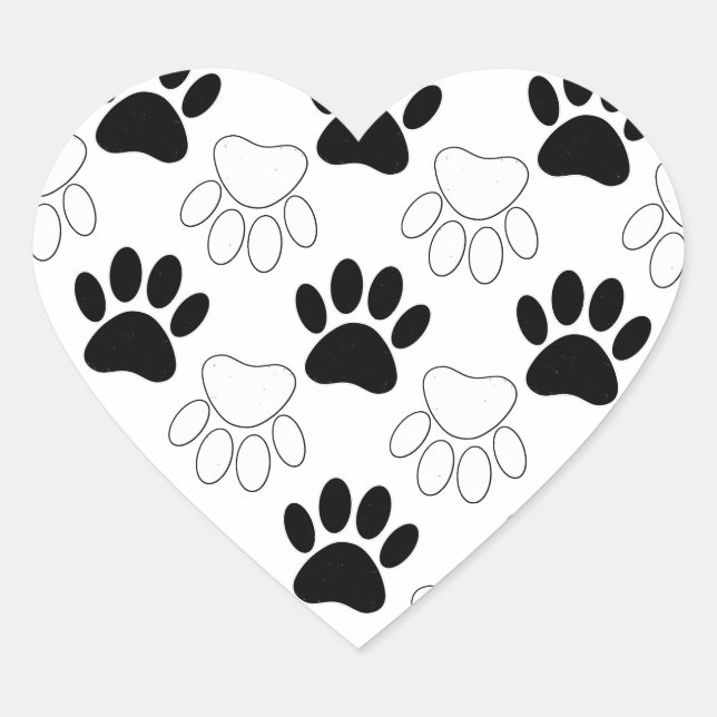 Black And White Dog Paw Print Pattern Heart Sticker (Front)