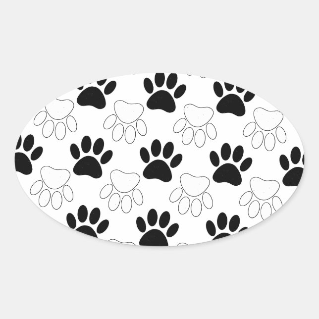 Black And White Dog Paw Print Pattern Oval Sticker (Front)