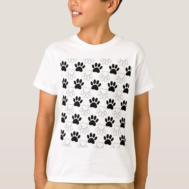 Black And White Dog Paw Print Pattern T-Shirt (Front)