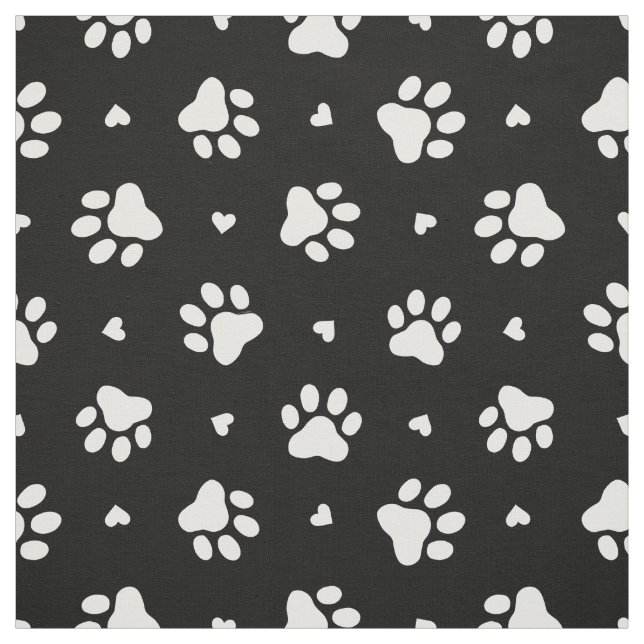 Black and White Dog Paw Prints and Hearts Pattern Fabric (Swatch)