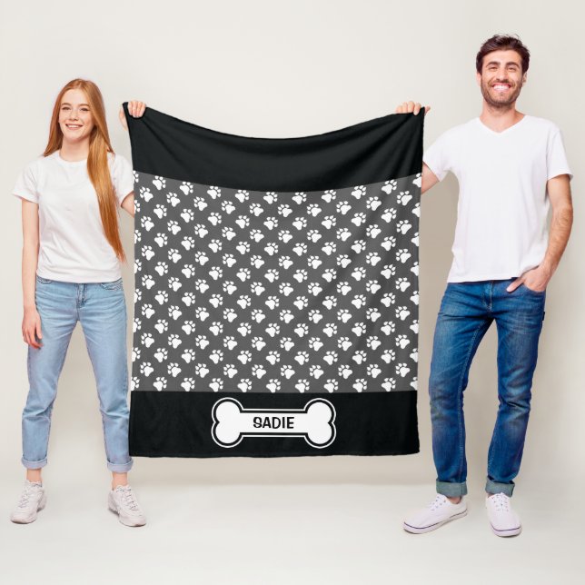 Black And White Dog Paws And Bone With Name Fleece Blanket (In Situ)