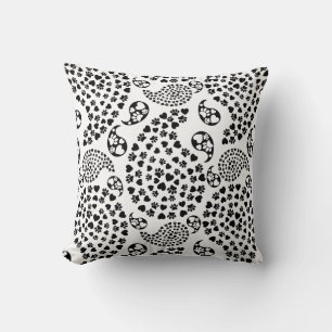 Black And White Dog Paws And Hearts Paisley Print Cushion