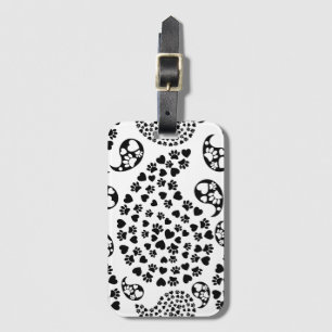 Black And White Dog Paws And Hearts Paisley Print Luggage Tag
