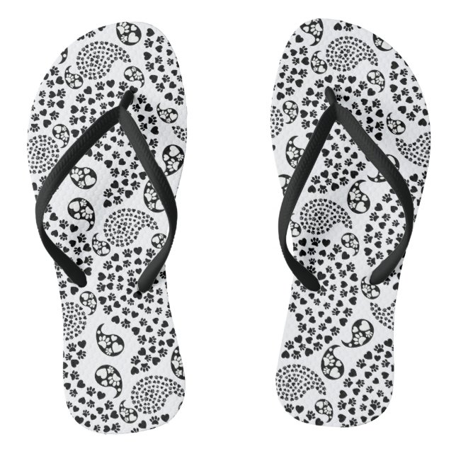 Black And White Dog Paws And Hearts Paisley Print Thongs (Footbed)