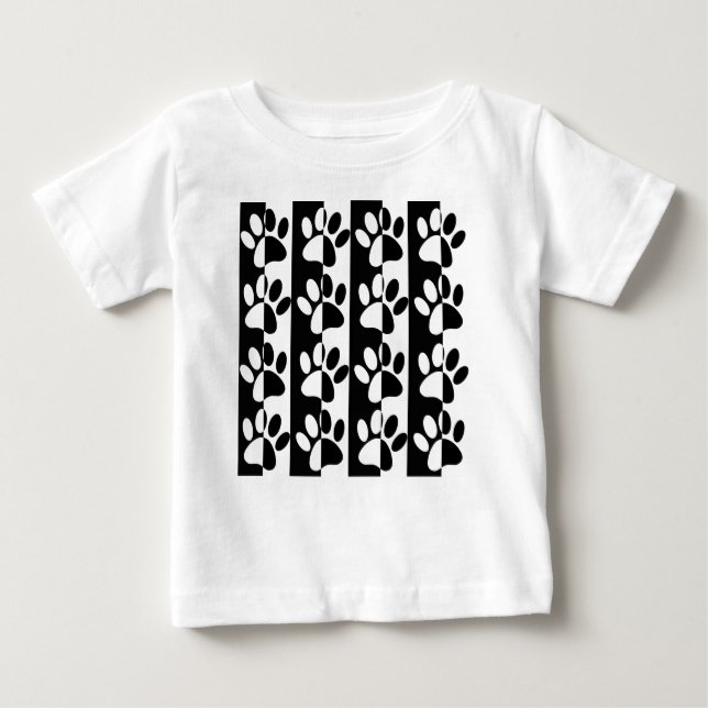 Black And White Dog Paws And Stripes Baby T-Shirt (Front)