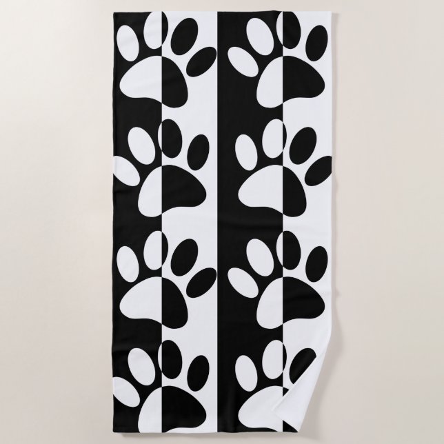Black And White Dog Paws And Stripes  Beach Towel (Front)