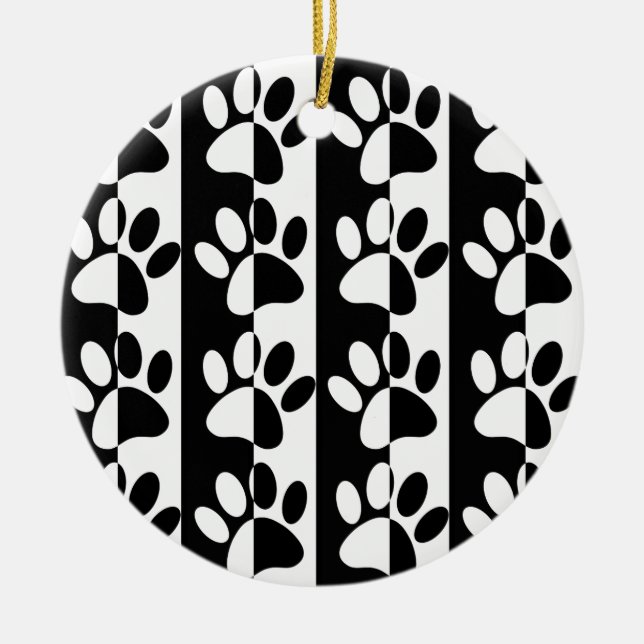 Black And White Dog Paws And Stripes Ceramic Ornament (Front)