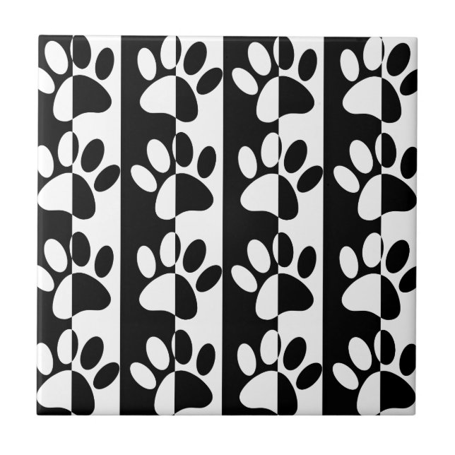 Black And White Dog Paws And Stripes Ceramic Tile (Front)