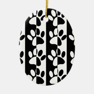 Black And White Dog Paws And Stripes Ceramic Tree Decoration