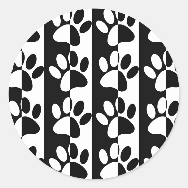 Black And White Dog Paws And Stripes Classic Round Sticker (Front)