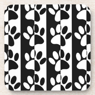 Black And White Dog Paws And Stripes Coaster