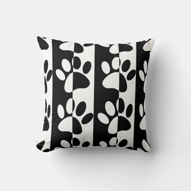 Black And White Dog Paws And Stripes Cushion (Front)