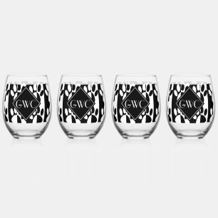Black And White Dog Paws And Stripes Monogram Stemless Wine Glass