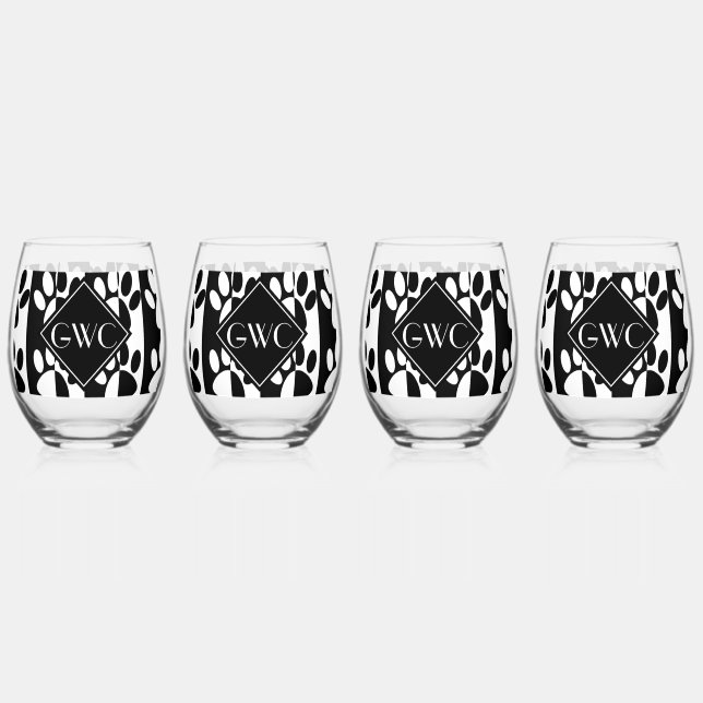 Black And White Dog Paws And Stripes Monogram Stemless Wine Glass (Back)