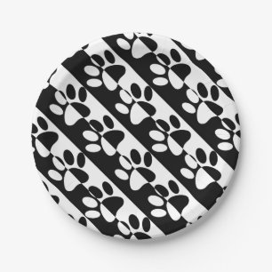 Black And White Dog Paws And Stripes Paper Plate