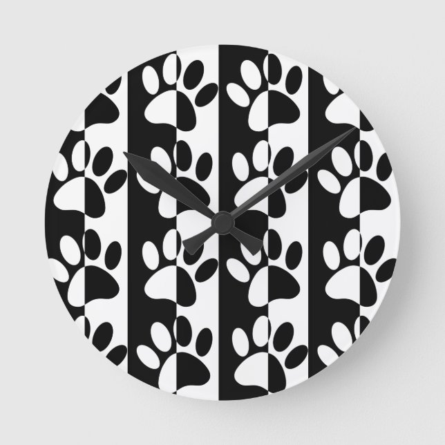Black And White Dog Paws And Stripes Round Clock (Front)