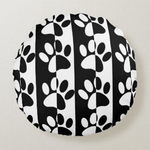 Black And White Dog Paws And Stripes Round Cushion