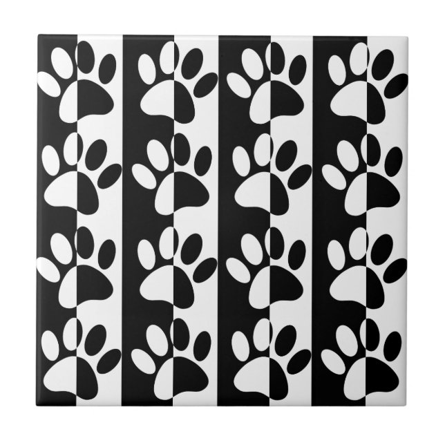 Black And White Dog Paws And Stripes Seamless Ceramic Tile (Front)