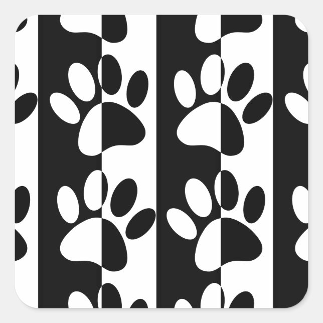 Black And White Dog Paws And Stripes Square Sticker (Front)