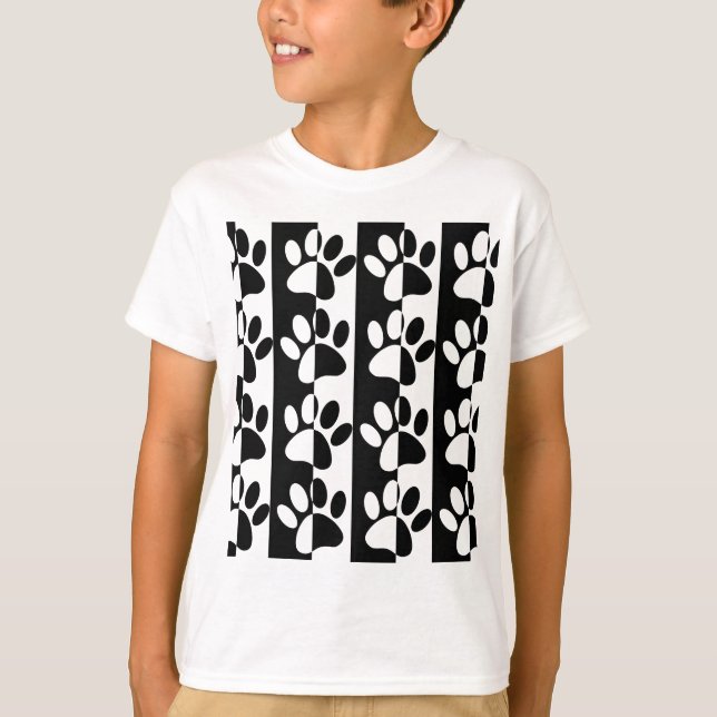 Black And White Dog Paws And Stripes T-Shirt (Front)