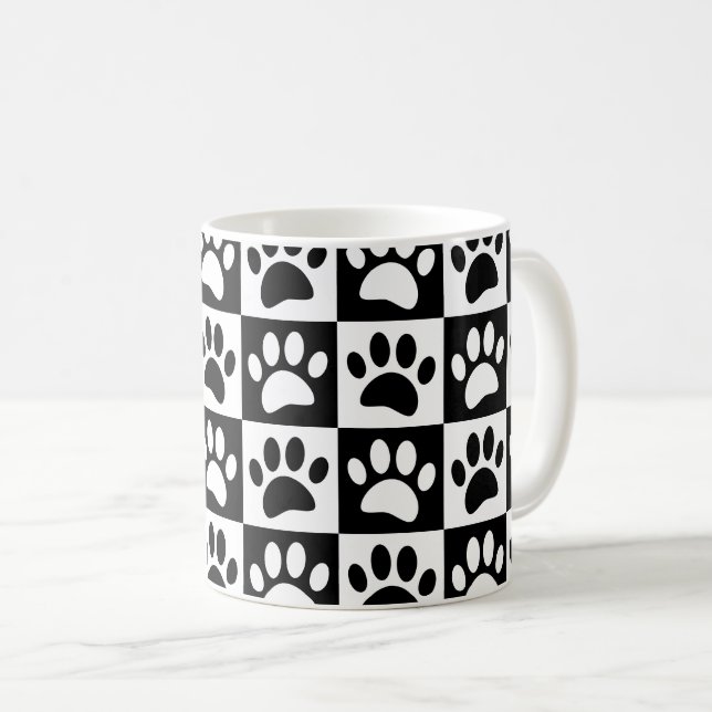 Black And White Dog Paws In Squares Custom Coffee Mug (Front Right)