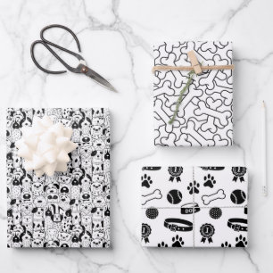 Black and White Dog Theme Wrapping Paper Sheets