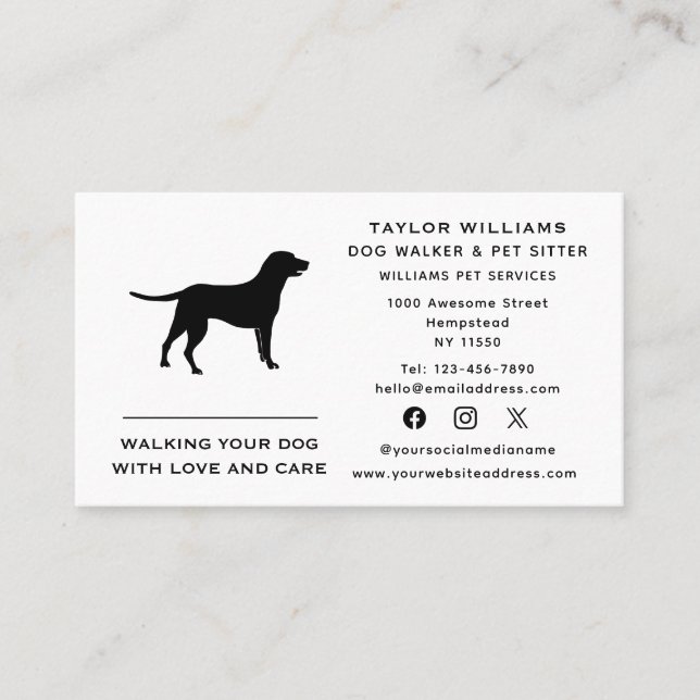Black And White Dog Walker Pet Sitter Social Media Business Card (Front)