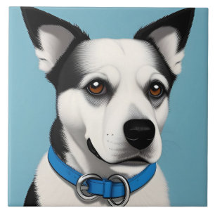 Black and White Dog with Blue Collar Ceramic Tile