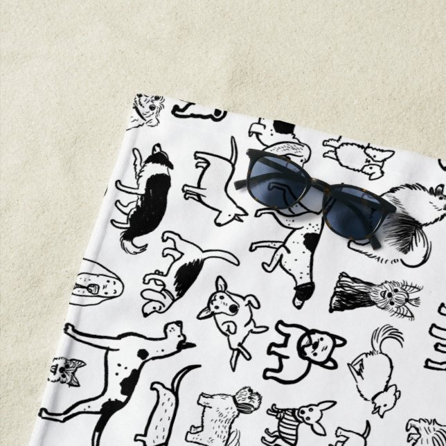Black and White Dogs Pattern | Cute Canine Lover's Beach Towel (In Situ)