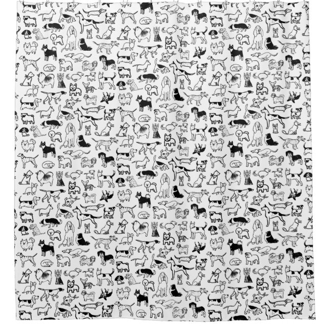 Black and White Dogs Pattern | Cute Canine Lover's Shower Curtain (Front)