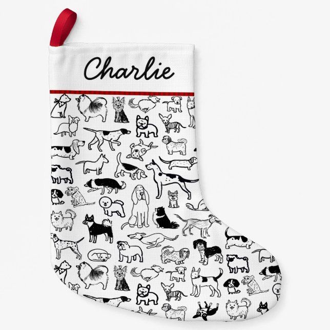 Black and White Dogs Pattern | Cute Canine Lover's Small Christmas Stocking (Front)