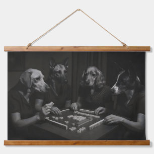 Black and White Dogs Playing Mahjong Hanging Tapestry