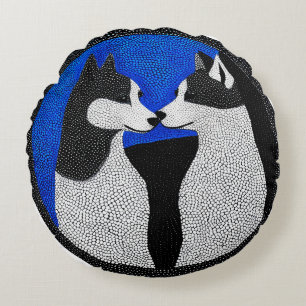 Black and white dogs round cushion