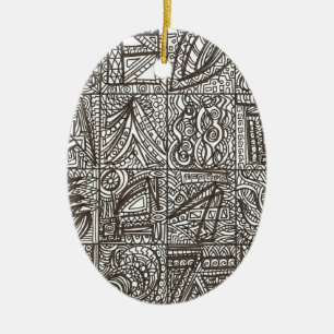 Black And White Doodle - Abstract Ink Drawing Ceramic Ornament