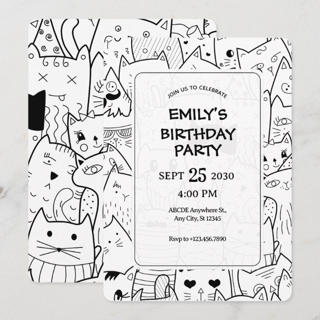 Black and white doodle cats invitation (Front/Back)