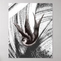 Black and white, doodle drawing of a bird