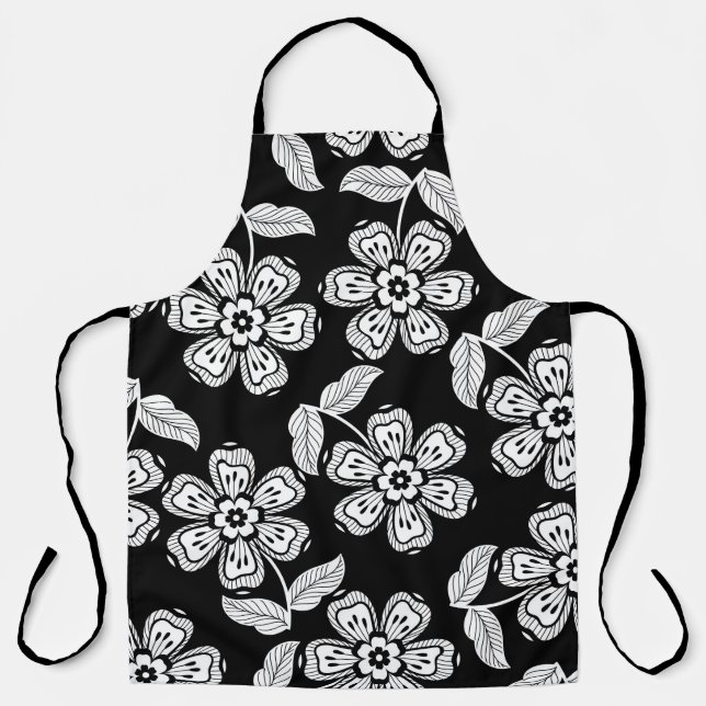 Black and white doodle flower patternblack,abstrac apron (Front)