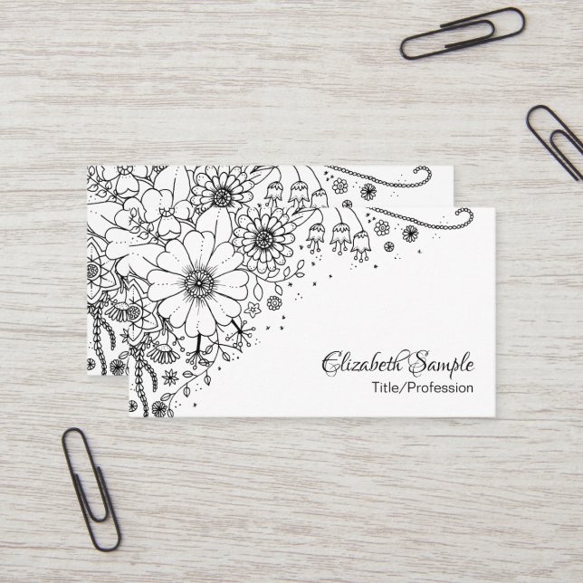 Black and White Doodle Flowers Colour In Picture   Business Card (Front/Back In Situ)