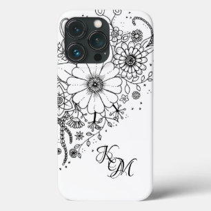 Black and White Doodle Flowers Colour In Picture iPhone 13 Pro Case