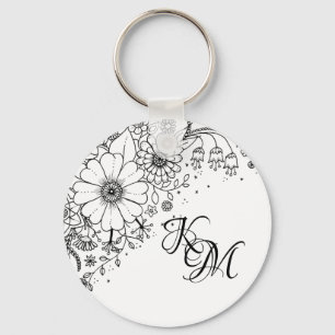 Black and White Doodle Flowers Colour In Picture Key Ring