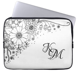 Black and White Doodle Flowers Colour In Picture Laptop Sleeve