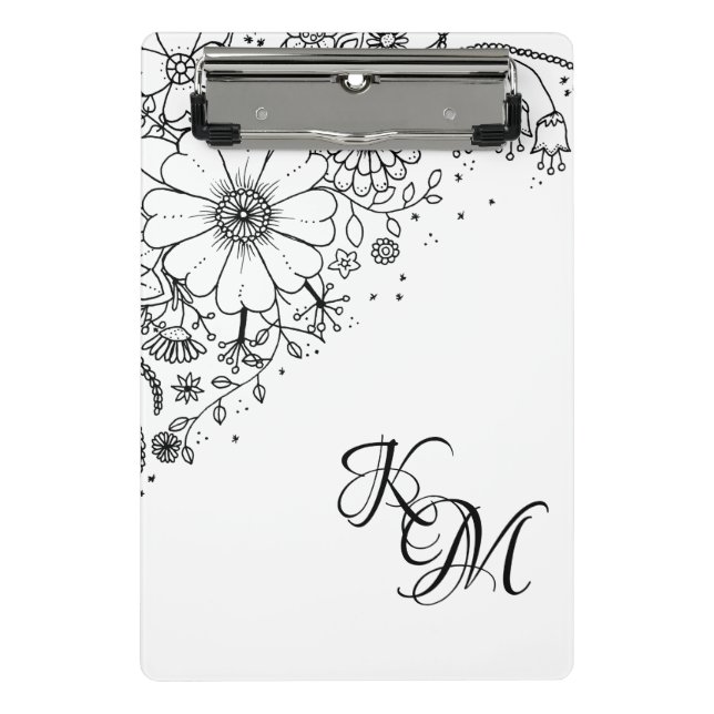 Black and White Doodle Flowers Colour In Picture   Mini Clipboard (Front)