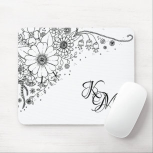 Black and White Doodle Flowers Colour In Picture  Mouse Pad