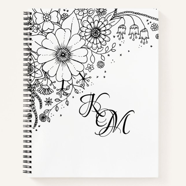 Black and White Doodle Flowers Colour In Picture Notebook (Front)